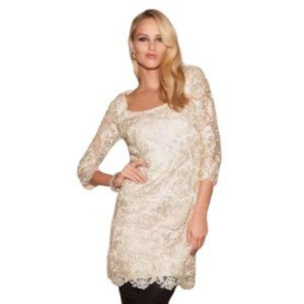 White House Black Market Size 2 3/4-Sleeve Gold Lace Shift Dress Women's #3043